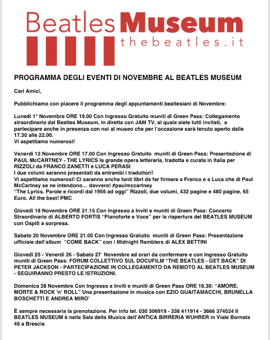 BEATLES MUSEUM - Programma eventi Novembre 2021
